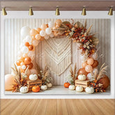 Celebrate Boho Autumn Pumpkin Thanksgiving Backdrop for Fall Harvest Rustic Wood Wall Background with Balloon Arch and Macrame
