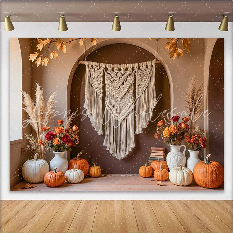 Celebrate Boho Autumn Pumpkin Thanksgiving Backdrop for Family Party Rustic Macrame and Floral Photo Background Banner