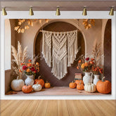 Celebrate Boho Autumn Pumpkin Thanksgiving Backdrop for Family Party Rustic Macrame and Floral Photo Background Banner