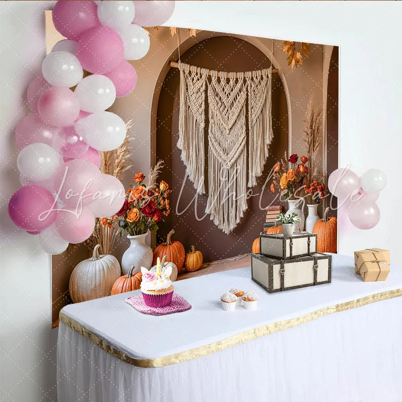 Celebrate Boho Autumn Pumpkin Thanksgiving Backdrop for Family Party Rustic Macrame and Floral Photo Background Banner