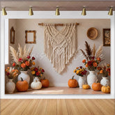 Celebrate Boho Macrame Autumn Backdrop with Pumpkins for Fall Rustic Floral Background for Thanksgiving Party Decoration