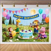 Celebrate Cartoon Animal Birthday Backdrop with Colorful Balloons and Cake Joyful Party Decoration for Kids Celebration