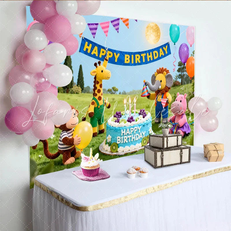 Celebrate Cartoon Animal Birthday Backdrop with Colorful Balloons and Cake Joyful Party Decoration for Kids Celebration