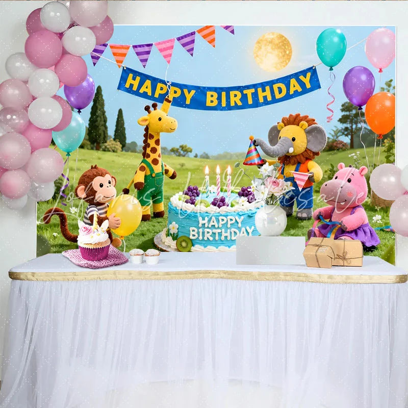 Celebrate Cartoon Animal Birthday Backdrop with Colorful Balloons and Cake Joyful Party Decoration for Kids Celebration