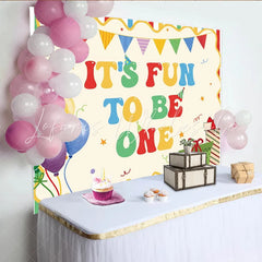 Celebrate Colorful Balloons and Stripes 1st Birthday Backdrop for Boy Fun to Be One Party Banner and Cute Cake Smash Studio Prop