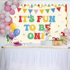 Celebrate Colorful Balloons and Stripes 1st Birthday Backdrop for Boy Fun to Be One Party Banner and Cute Cake Smash Studio Prop