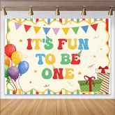 Celebrate Colorful Balloons and Stripes 1st Birthday Backdrop for Boy Fun to Be One Party Banner and Cute Cake Smash Studio Prop