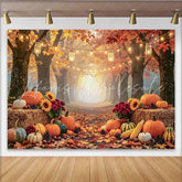 Celebrate Cozy Autumn Backdrop with Pumpkins and Sunflowers Rustic Forest Path Background for Thanksgiving Party Decor