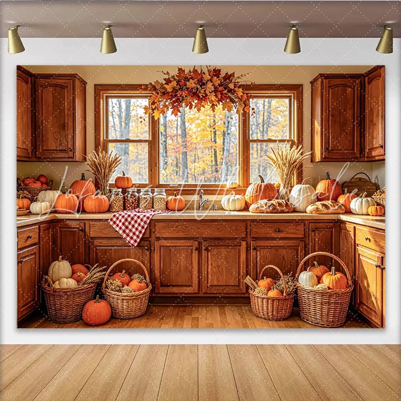 Celebrate Cozy Autumn Kitchen Thanksgiving Backdrop with Pumpkins Warm Wooden Cabinets Background for Holiday Party Decor