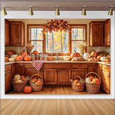 Celebrate Cozy Autumn Kitchen Thanksgiving Backdrop with Pumpkins Warm Wooden Cabinets Background for Holiday Party Decor