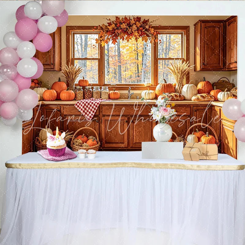 Celebrate Cozy Autumn Kitchen Thanksgiving Backdrop with Pumpkins Warm Wooden Cabinets Background for Holiday Party Decor