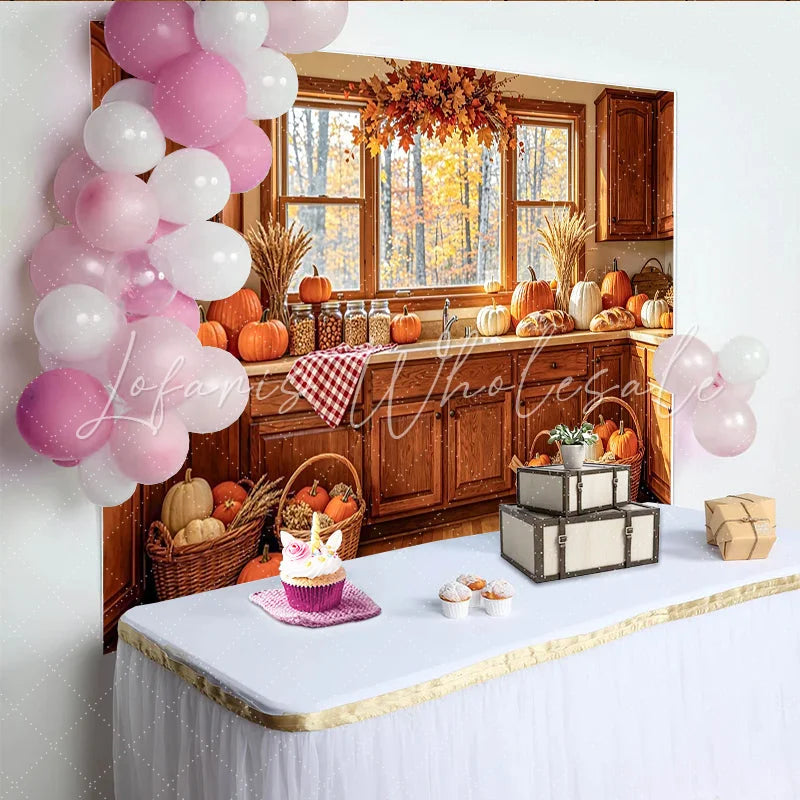 Celebrate Cozy Autumn Kitchen Thanksgiving Backdrop with Pumpkins Warm Wooden Cabinets Background for Holiday Party Decor