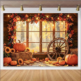 Celebrate Cozy Autumn Pumpkin Thanksgiving Backdrop for Harvest Rustic Wooden Window Background with Sunflowers and Wheel