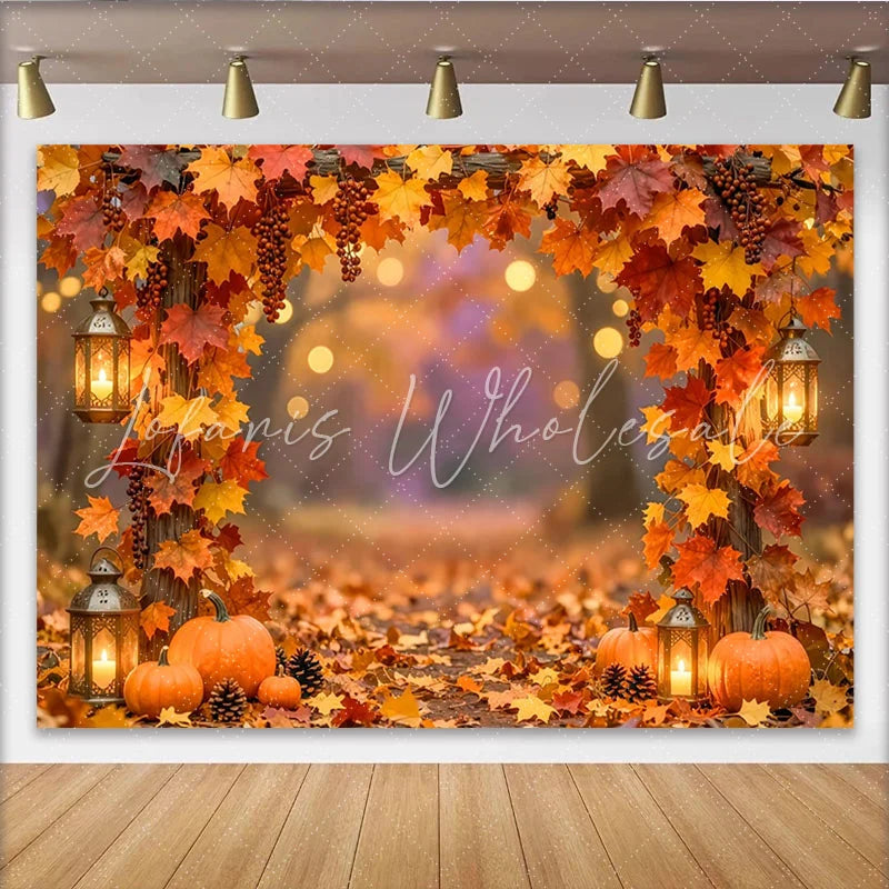 Celebrate Fall Autumn Backdrop with Maple Leaves and Pumpkins Rustic Wood Lantern Background for Thanksgiving Party