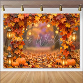 Celebrate Fall Autumn Backdrop with Maple Leaves and Pumpkins Rustic Wood Lantern Background for Thanksgiving Party