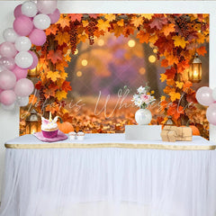 Celebrate Fall Autumn Backdrop with Maple Leaves and Pumpkins Rustic Wood Lantern Background for Thanksgiving Party