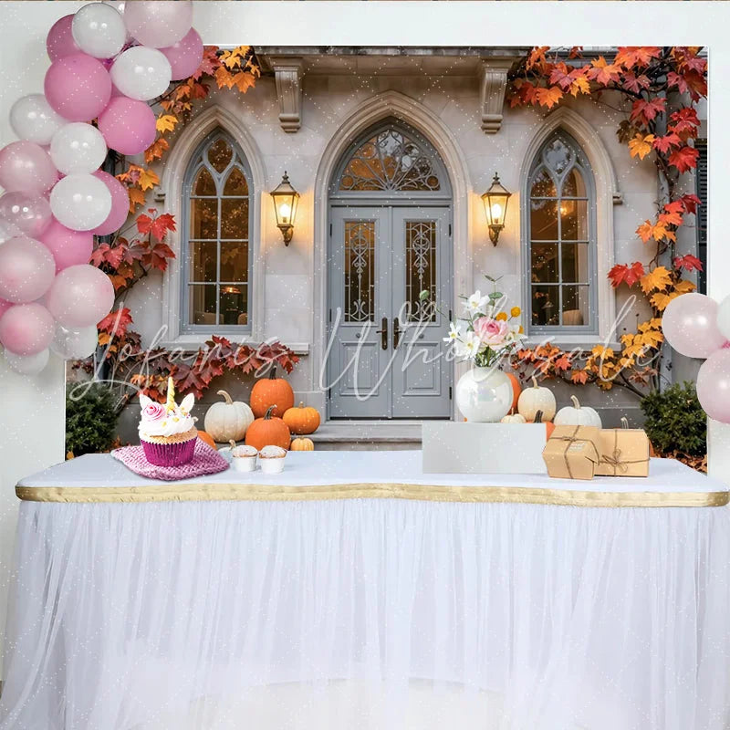 Celebrate Fall Porch Autumn Backdrop with Pumpkins and Maple Leaves Elegant House Door Background for Thanksgiving Photo Booth