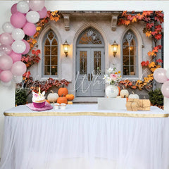 Celebrate Fall Porch Autumn Backdrop with Pumpkins and Maple Leaves Elegant House Door Background for Thanksgiving Photo Booth
