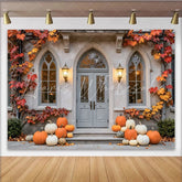 Celebrate Fall Porch Autumn Backdrop with Pumpkins and Maple Leaves Elegant House Door Background for Thanksgiving Photo Booth