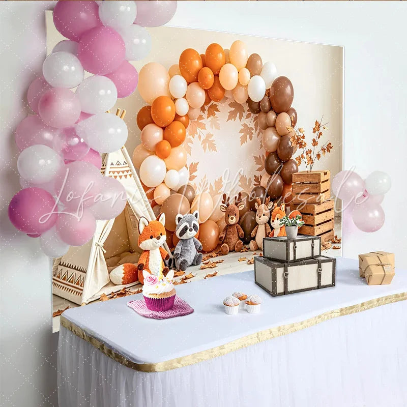 Celebrate Fall Woodland Baby Shower Backdrop with Teepee and Animals Rustic Fall Forest Party Background for Newborn Photoshoot