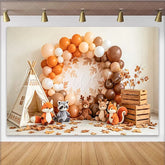 Celebrate Fall Woodland Baby Shower Backdrop with Teepee and Animals Rustic Fall Forest Party Background for Newborn Photoshoot