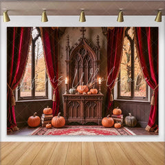 Celebrate Gothic Castle Halloween Backdrop with Pumpkins Vintage Red Curtain Background for Autumn Holiday Party