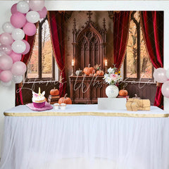 Celebrate Gothic Castle Halloween Backdrop with Pumpkins Vintage Red Curtain Background for Autumn Holiday Party