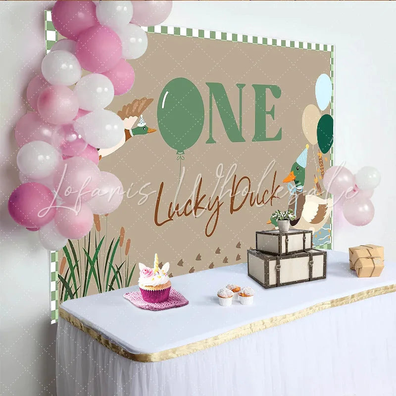 Celebrate One Lucky Duck Animal Birthday Backdrop for 1st Birthday Cute Mallard Duck Banner for Cake Smash Photo Booth