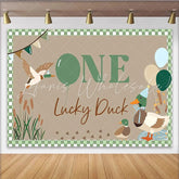 Celebrate One Lucky Duck Animal Birthday Backdrop for 1st Birthday Cute Mallard Duck Banner for Cake Smash Photo Booth