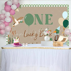 Celebrate One Lucky Duck Animal Birthday Backdrop for 1st Birthday Cute Mallard Duck Banner for Cake Smash Photo Booth