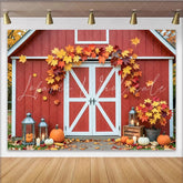 Celebrate Red Barn Autumn Backdrop with Pumpkins and Maple Leaves Rustic Fall Background for Thanksgiving Party Decoration