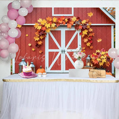 Celebrate Red Barn Autumn Backdrop with Pumpkins and Maple Leaves Rustic Fall Background for Thanksgiving Party Decoration