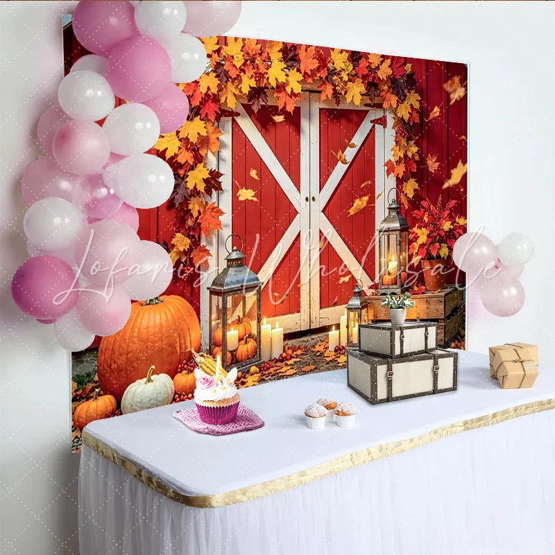 Celebrate Red Barn Thanksgiving Backdrop with Autumn Maple Leaves Cozy Pumpkin and Lantern Background for Fall Party Decor