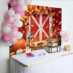 Celebrate Red Barn Thanksgiving Backdrop with Autumn Maple Leaves Cozy Pumpkin and Lantern Background for Fall Party Decor