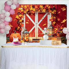 Celebrate Red Barn Thanksgiving Backdrop with Autumn Maple Leaves Cozy Pumpkin and Lantern Background for Fall Party Decor