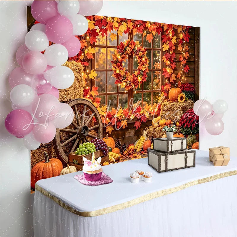 Celebrate Rustic Autumn Backdrop with Pumpkins and Maple Leaves Cozy Fall Barn Window Background for Studio Portrait