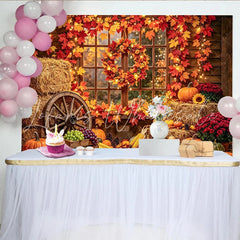 Celebrate Rustic Autumn Backdrop with Pumpkins and Maple Leaves Cozy Fall Barn Window Background for Studio Portrait