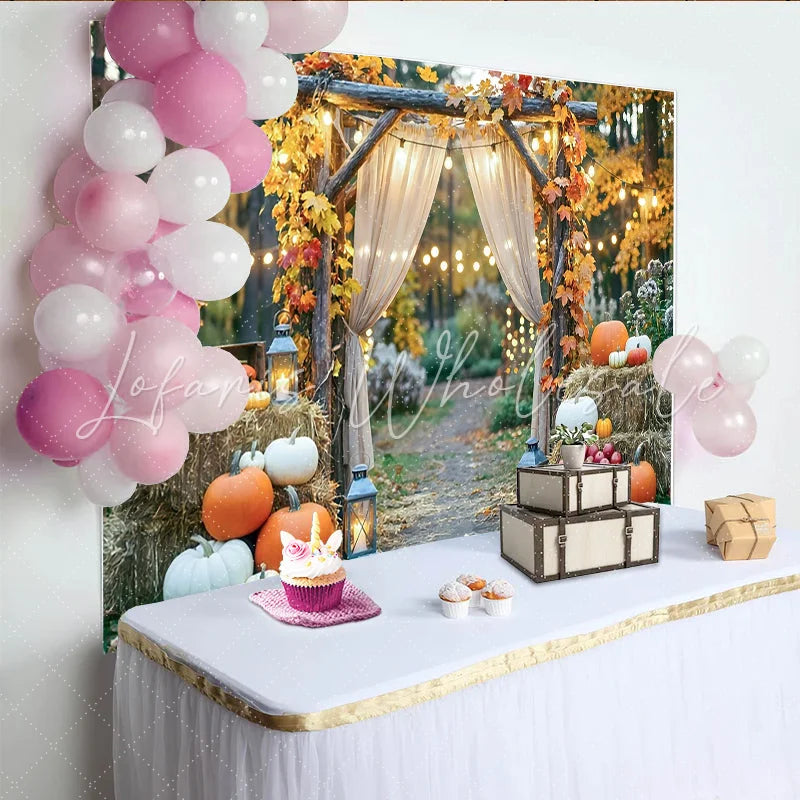 Celebrate Rustic Autumn Backdrop with Pumpkins and Maple Leaves Elegant Wood Arch Background for Fall Harvest Photoshoot
