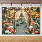 Celebrate Rustic Autumn Backdrop with Pumpkins and Maple Leaves Elegant Wood Arch Background for Fall Harvest Photoshoot