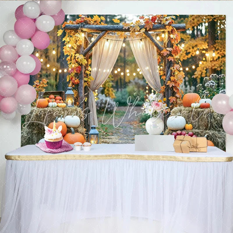 Celebrate Rustic Autumn Backdrop with Pumpkins and Maple Leaves Elegant Wood Arch Background for Fall Harvest Photoshoot