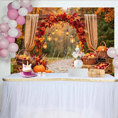 Celebrate Rustic Autumn Backdrop with Pumpkins and Maple Leaves Harvest Thanksgiving Background for Outdoor Portrait