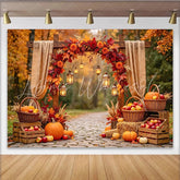 Celebrate Rustic Autumn Backdrop with Pumpkins and Maple Leaves Harvest Thanksgiving Background for Outdoor Portrait