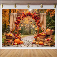 Celebrate Rustic Autumn Backdrop with Pumpkins and Maple Leaves Harvest Thanksgiving Background for Outdoor Portrait