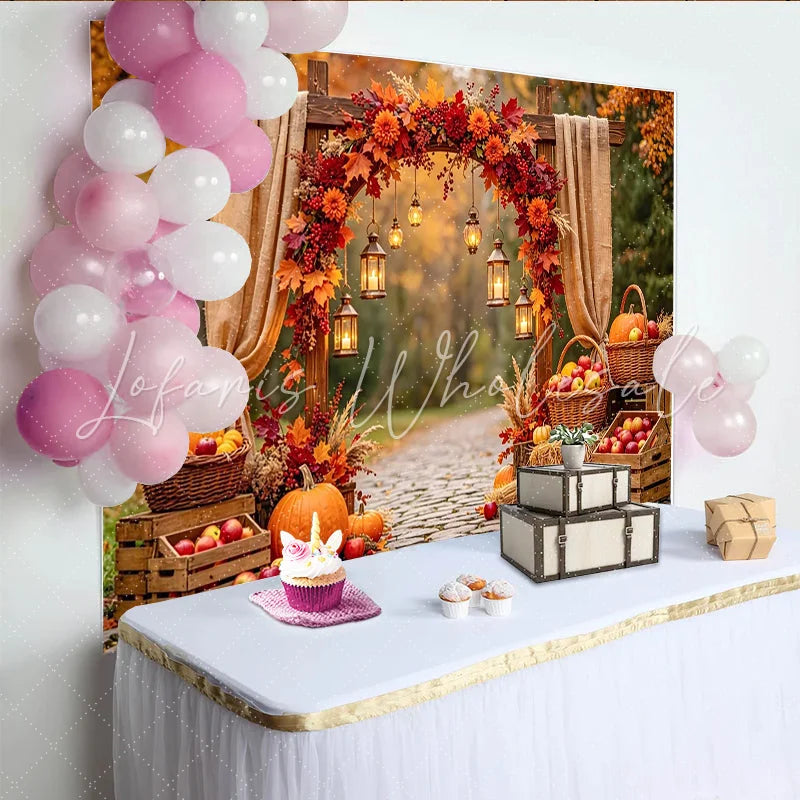 Celebrate Rustic Autumn Backdrop with Pumpkins and Maple Leaves Harvest Thanksgiving Background for Outdoor Portrait