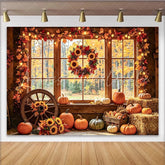 Celebrate Rustic Autumn Backdrop with Pumpkins and Sunflowers Cozy Thanksgiving Window Background for Studio Portrait