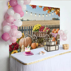 Celebrate Rustic Autumn Backdrop with Pumpkins and Sunflowers Harvest Wooden Cart Background for Thanksgiving Photo Booth