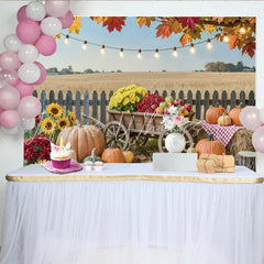 Celebrate Rustic Autumn Backdrop with Pumpkins and Sunflowers Harvest Wooden Cart Background for Thanksgiving Photo Booth