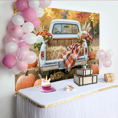 Celebrate Rustic Autumn Backdrop with Vintage Truck and Pumpkins Harvest Thanksgiving Background for Fall Portrait Photoshoot