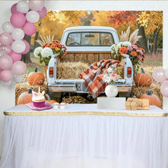 Celebrate Rustic Autumn Backdrop with Vintage Truck and Pumpkins Harvest Thanksgiving Background for Fall Portrait Photoshoot