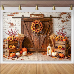Celebrate Rustic Autumn Barn Door Photography Backdrop for Fall Beautiful Sunflower and Pumpkin Background for Studio Photo